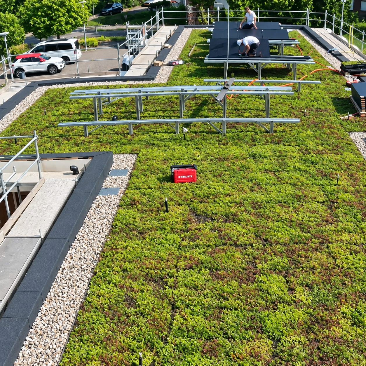 Begrüntes Flachdach mit Kiesstreifen, auf dem zwei Handwerker Solarmodule auf einer Unterkonstruktion montieren